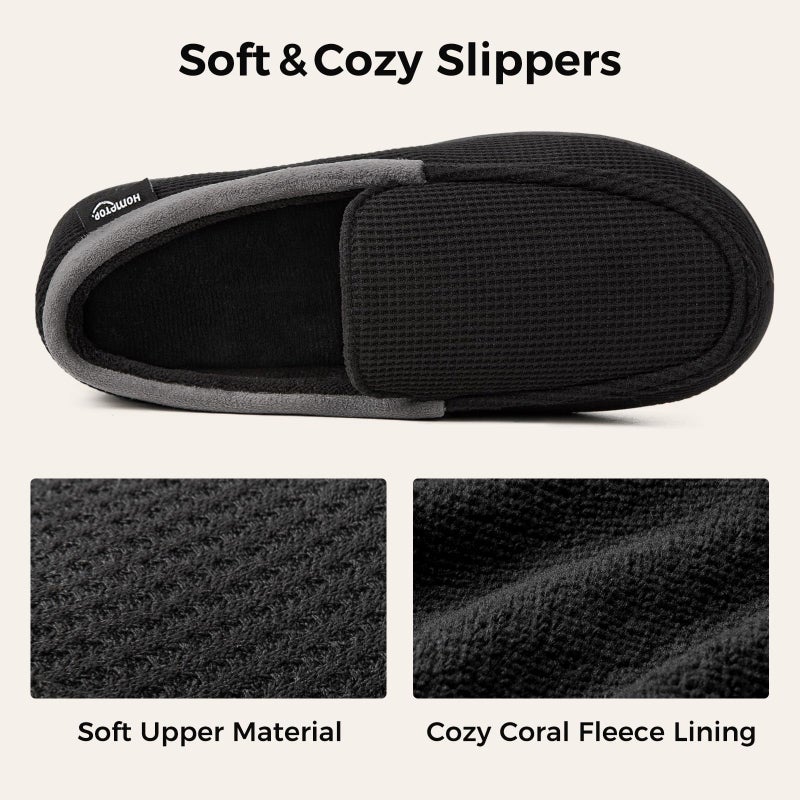 HomeTop Men's Comfort Memory Foam Moccasin Slippers, Breathable Cotton Knit Terry Cloth House Shoes for Indoor Outdoor (12 D(M) US, Black) - Image 4